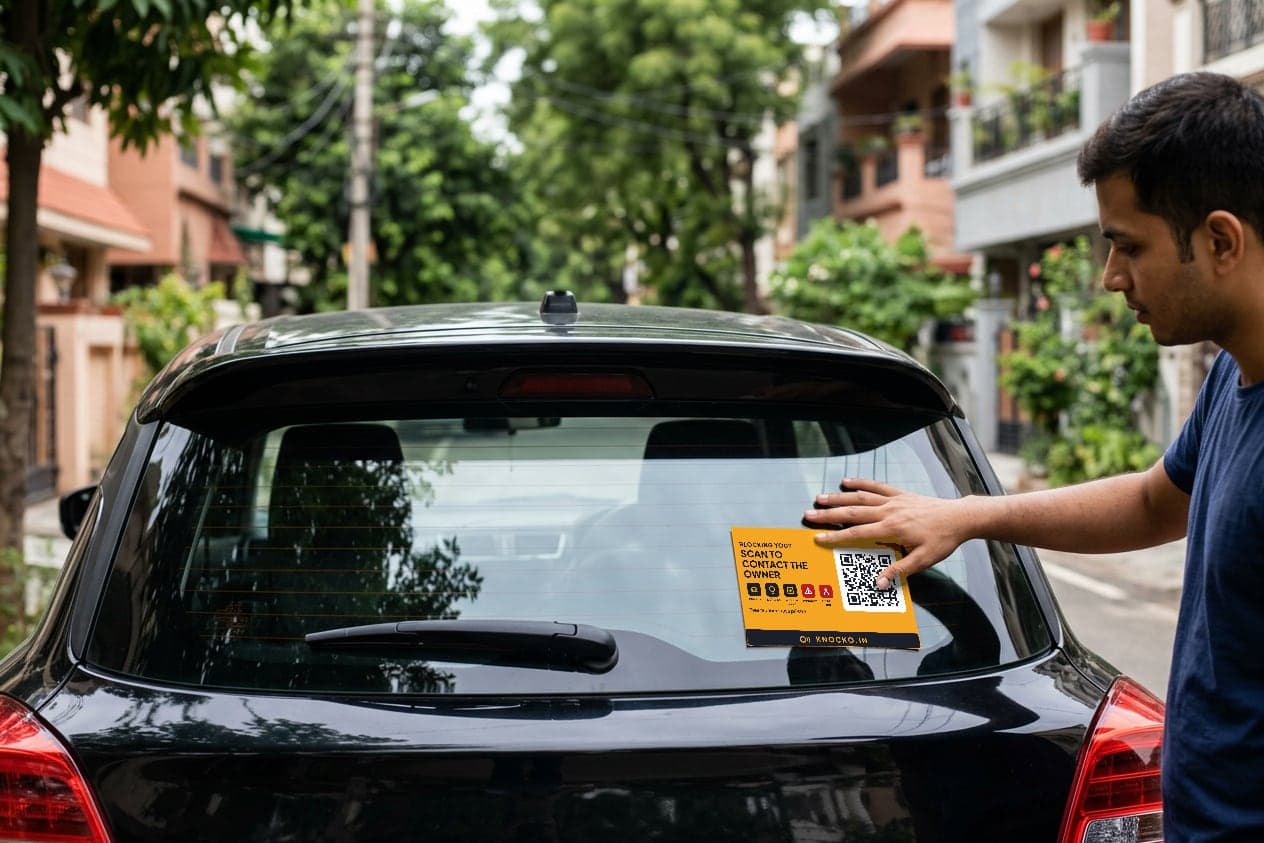 Hands pressing a Knocko QR onto a car’s rear window